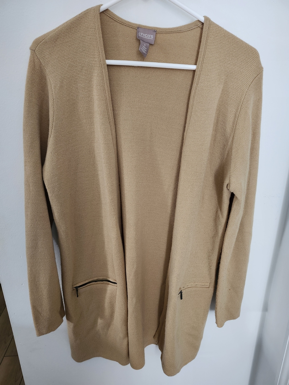 Chico's Men's Beige Open-Front Cardigan with Zip Pockets